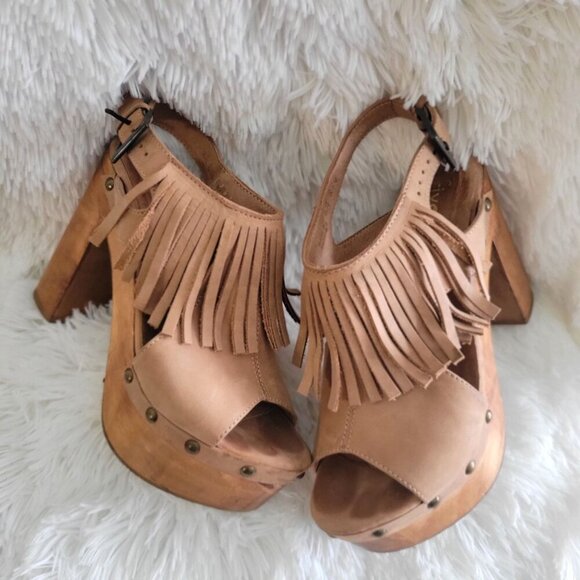 Five Worlds by Cordani Tijuana Tan Fringe Platform Sandals Wooden Heels EU 36.5 - Picture 3 of 10